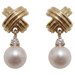 Tiffany & Co. 18k Yellow Gold Signature X Pearl Diamond Dangle Earrings
