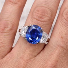 GIA 7.47 Carat Unheated Ceylon Sapphire and Diamond Three Stone Ring