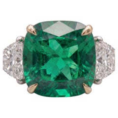 5.54 Carat GRS Certified Colombian Vivid Green Emerald Diamond Three Stone Ring