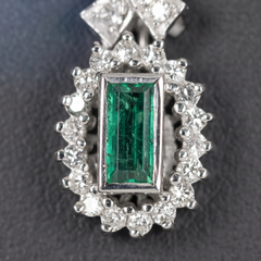 Colombian Emerald Diamond Halo Art Deco Platinum Dangle Earrings