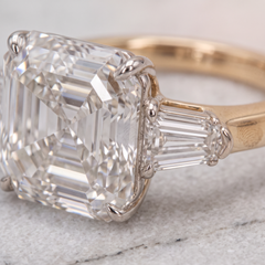 4.01 Carat E VS1 Square Emerald Cut Diamond Yellow and White Gold Ring