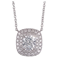 GIA Certified 1 Carat Tiffany Cushion Diamond Double Halo Platinum Pendant Neckl