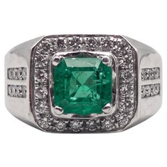 2 Carat Round Emerald Diamond Halo Estate Men's Platinum Ring