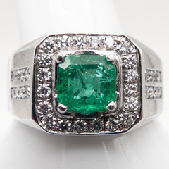 2 Carat Round Emerald Diamond Halo Estate Men's Platinum Ring