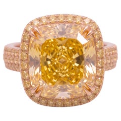 6.08 Carat Fancy Yellow VS1 Cushion Modified Brilliant Diamond Rose Gold Ring