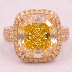 6.08 Carat Fancy Yellow VS1 Cushion Modified Brilliant Diamond Rose Gold Ring