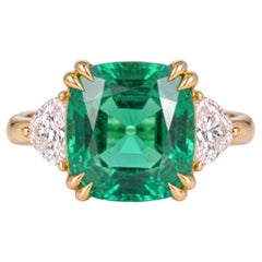 4.8 Carat Green Cushion Emerald Yellow Gold Ring