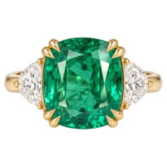 4.8 Carat Green Cushion Emerald Yellow Gold Ring