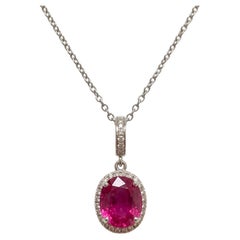 Certified 3 Carat Oval Ruby Diamond Halo Pendant Necklace