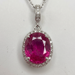Certified 3 Carat Oval Ruby Diamond Halo Pendant Necklace