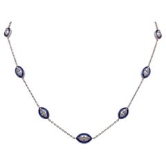 3 Carat Marquise Diamond Blue Enamel Station Necklace