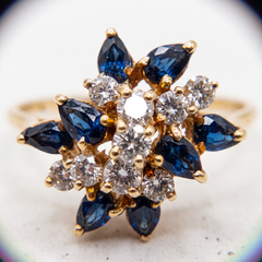 Pear Cut Blue Sapphire Diamond Cluster Ring in 14k Yellow Gold