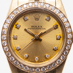 Rolex Oyster Perpetual 14k Yellow Gold Diamond Bezel Diamond Dial Wrist Watch