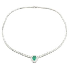 GIA Certified 3.11 Carat No Oil Emerald 11.00 Carat Diamond Tennis Necklace