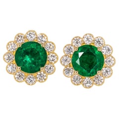 GRS Certified 4.40 Carat Colombian Emerald Diamond Halo Yellow Gold Earrings