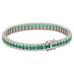 GIA Certified Natural Emerald and Diamond Tennis Bracelet in 18K White Gold
