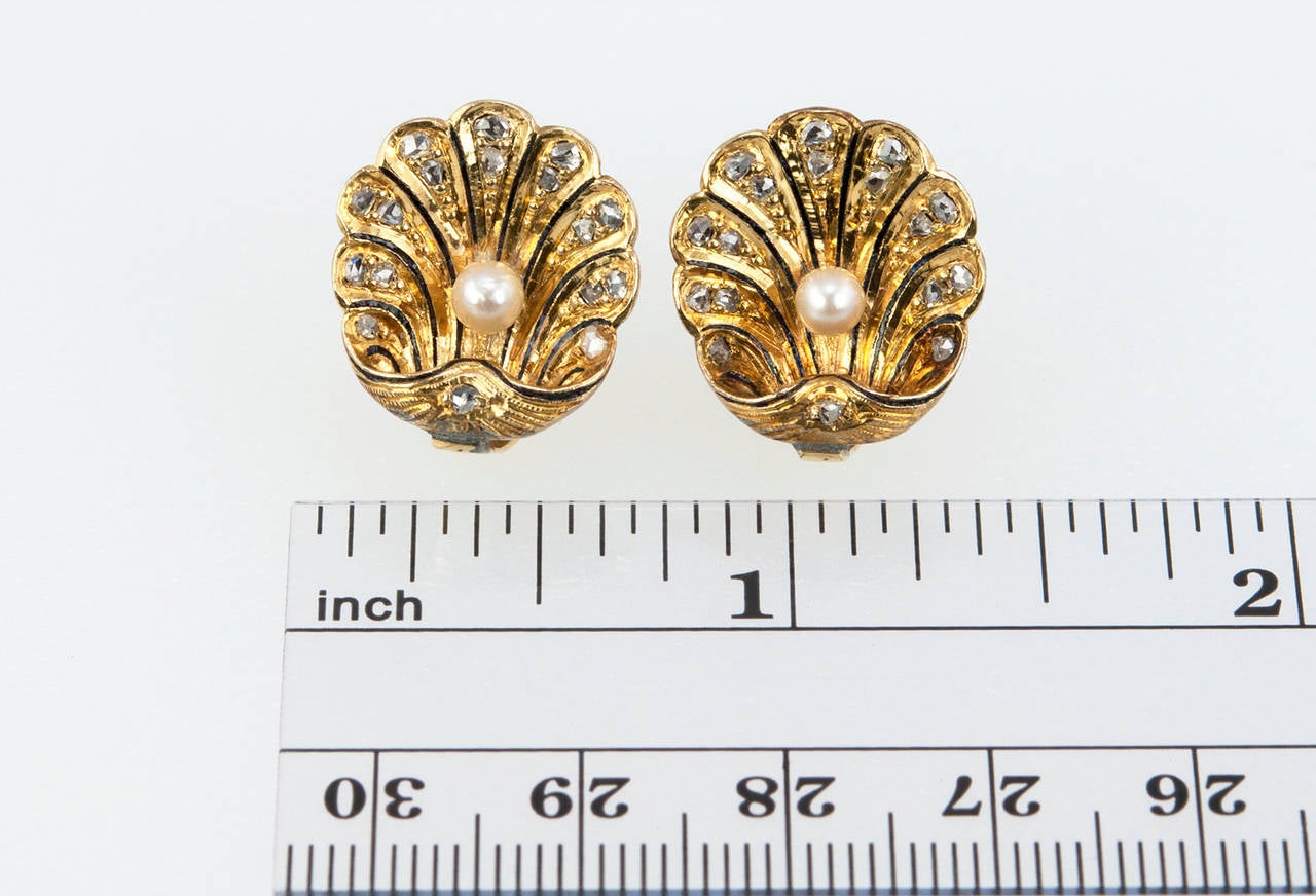 Victorian shell earrings in 14 karat yellow gold with beautiful details including a small pearl with rose cut diamonds and black enamel accents. Circa 1900. 

We believe the omega backs were added later on.