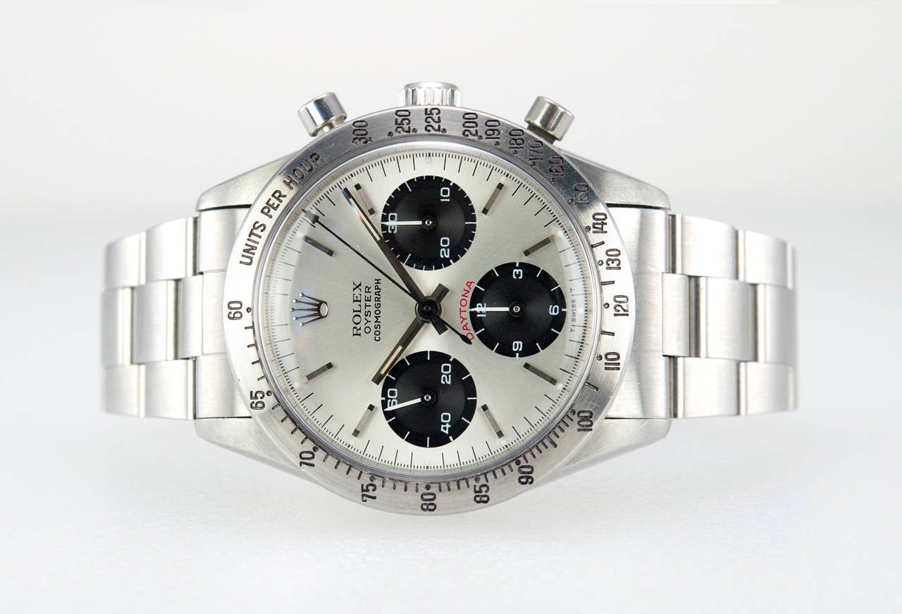 Rolex Stainless Steel Oyster Chronograph Daytona Wristwatch Ref 6239 circa 1966 In Excellent Condition In Los Angeles, CA