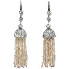 Edwardian Seed Pearl Tassel Diamond Platinum Earrings