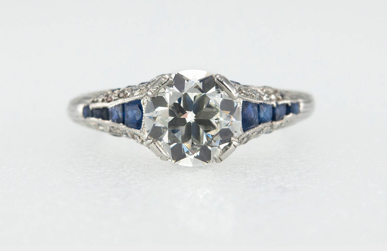 Art Deco 1.40 Carat Diamond Sapphire Platinum Engagement Ring In Excellent Condition In Los Angeles, CA
