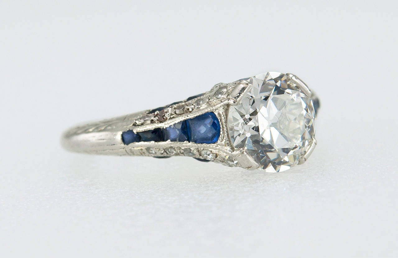 Women's Art Deco 1.40 Carat Diamond Sapphire Platinum Engagement Ring