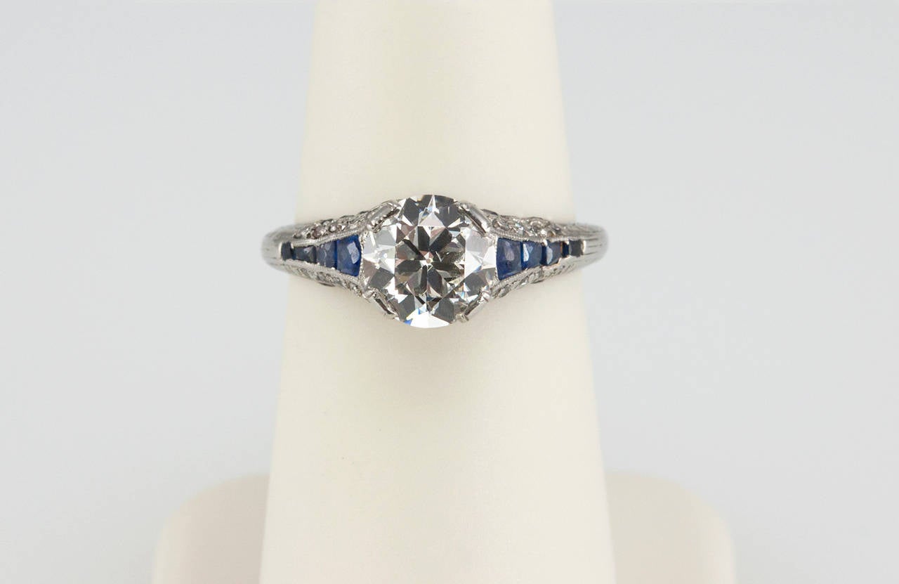 Art Deco 1.40 Carat Diamond Sapphire Platinum Engagement Ring 1