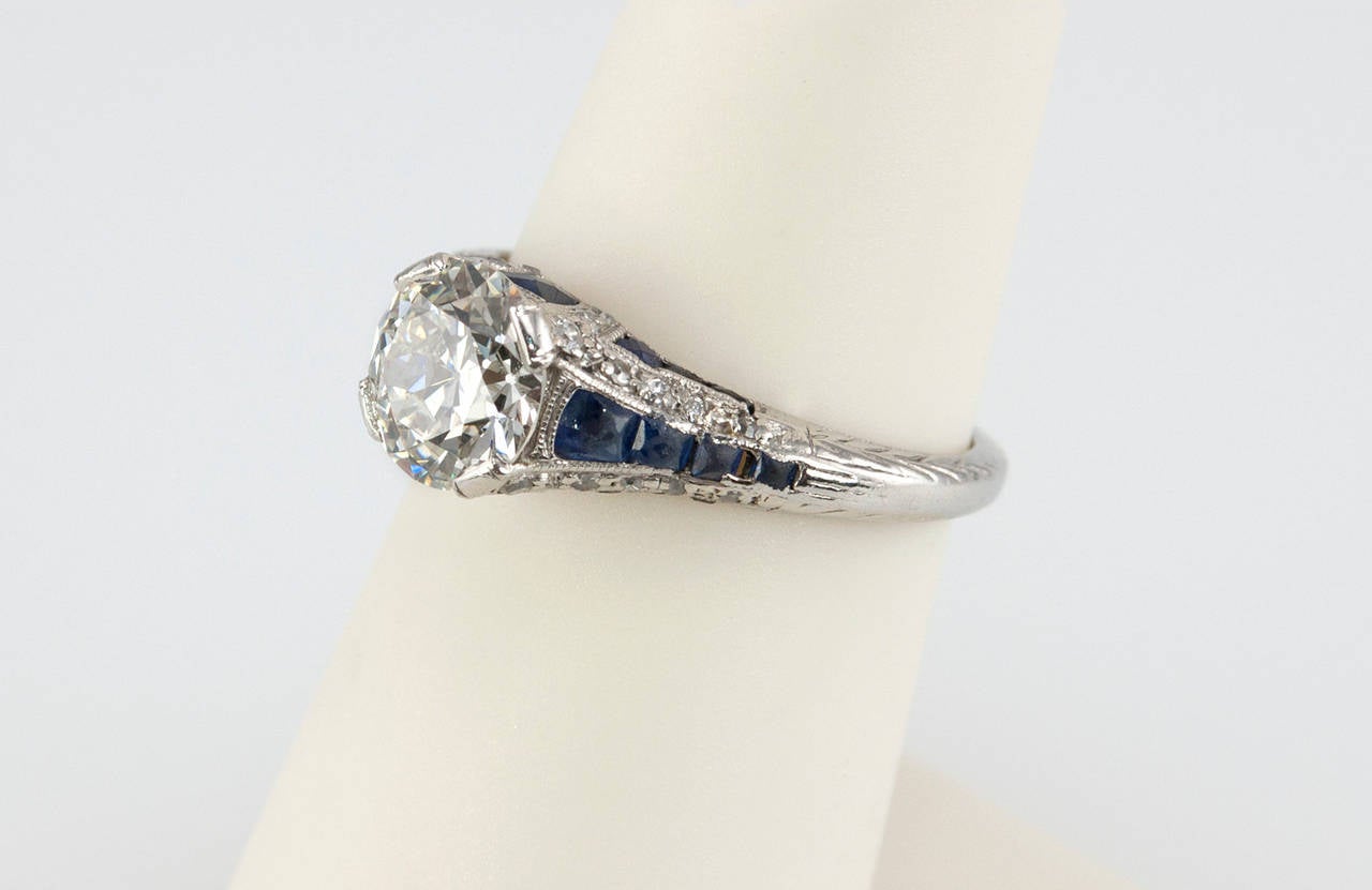Art Deco 1.40 Carat Diamond Sapphire Platinum Engagement Ring 2