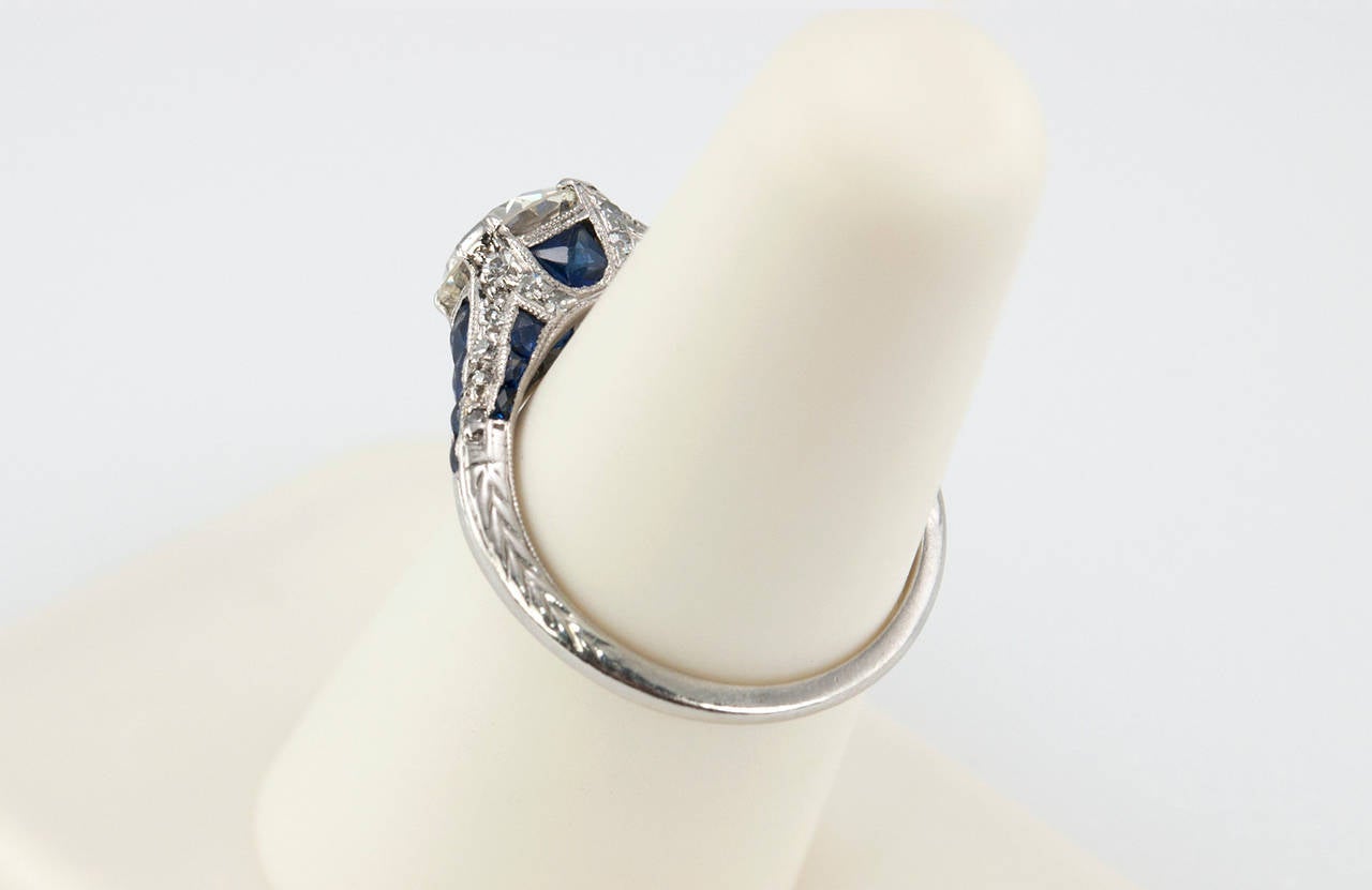 Art Deco 1.40 Carat Diamond Sapphire Platinum Engagement Ring 3