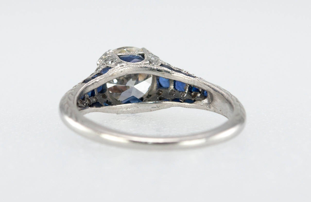 Art Deco 1.40 Carat Diamond Sapphire Platinum Engagement Ring 4