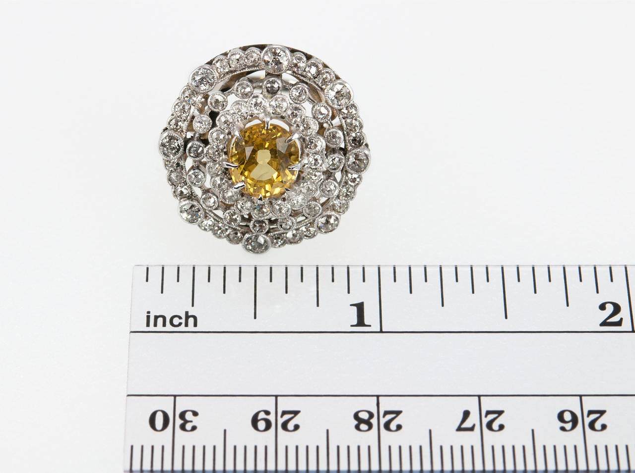 Yellow Sapphire GIA Cert Diamond Platinum Cluster Ring circa 1920