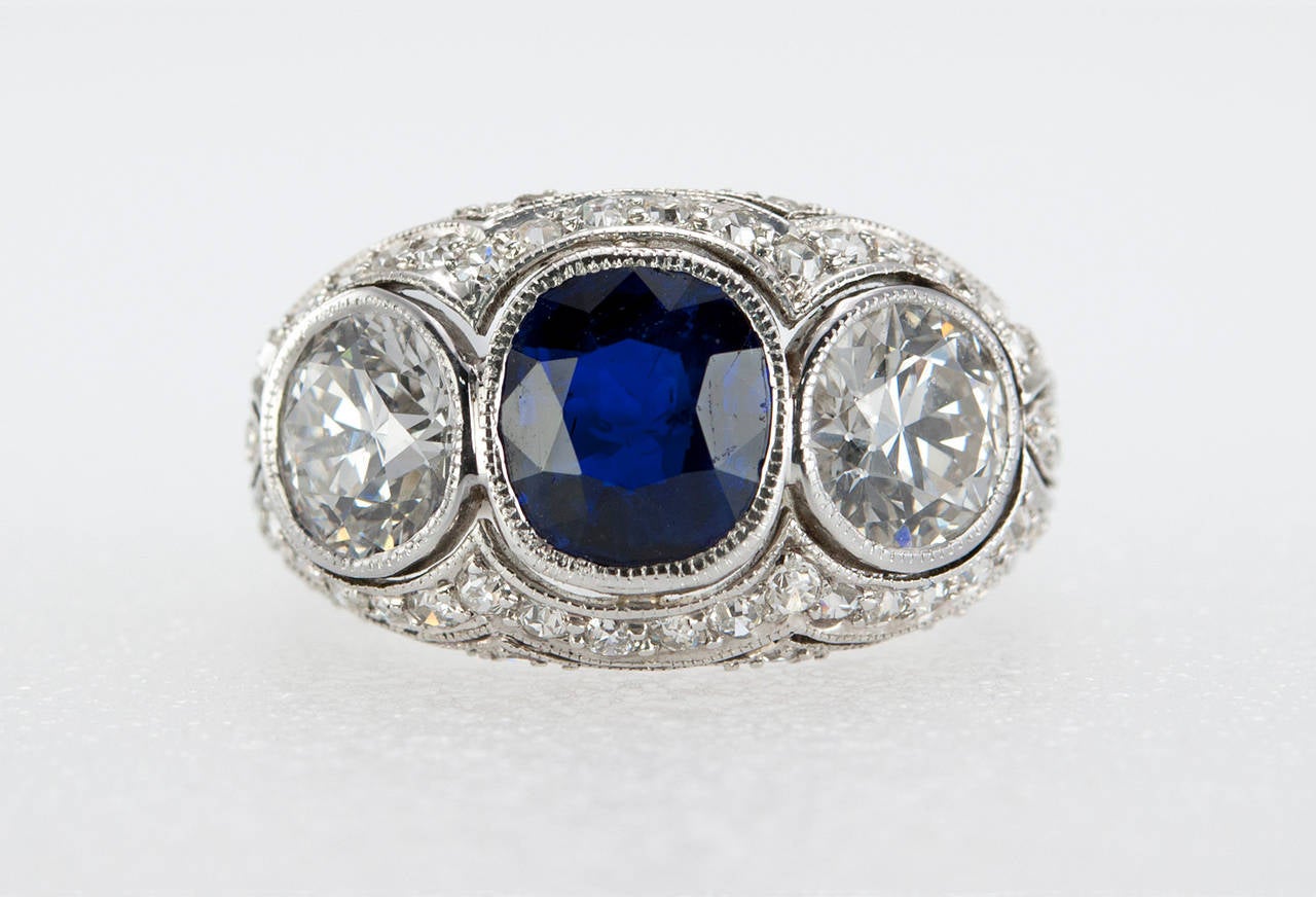 Cushion Cut Art Deco Three-Stone Natural Sapphire Diamond Platinum Ring For Sale
