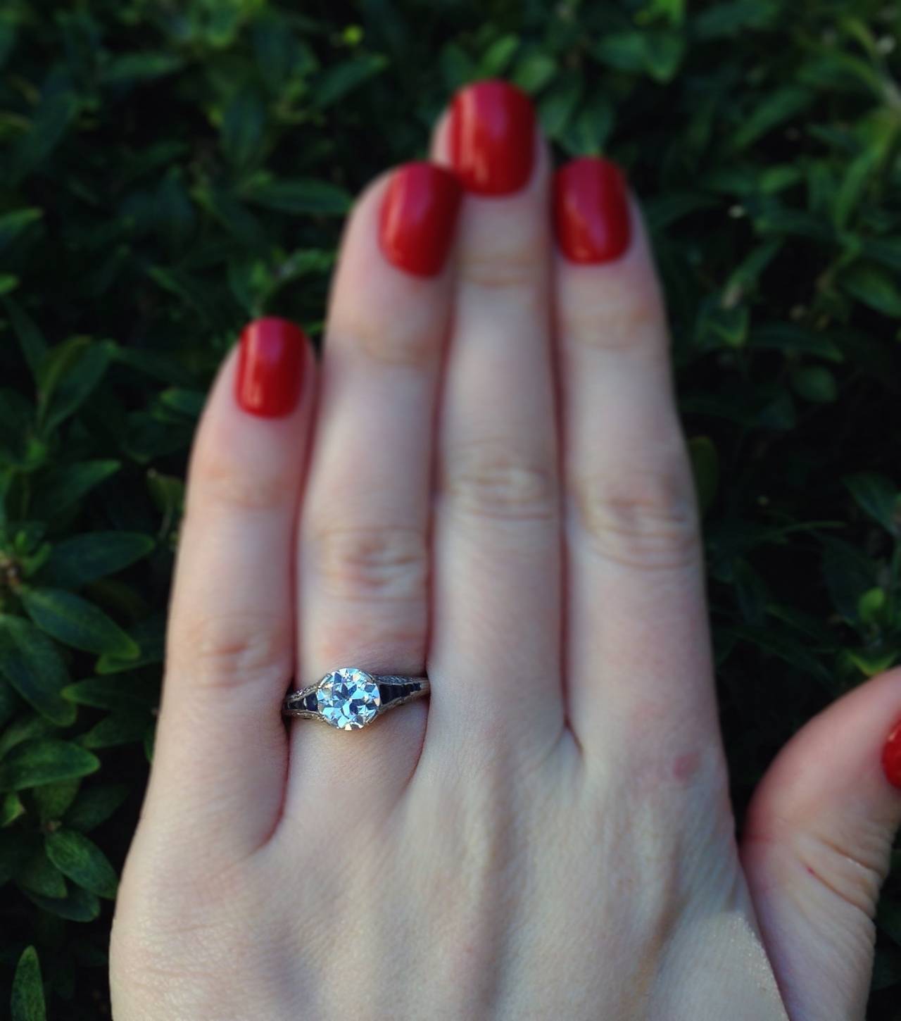 Art Deco 1.40 Carat Diamond Sapphire Platinum Engagement Ring 5