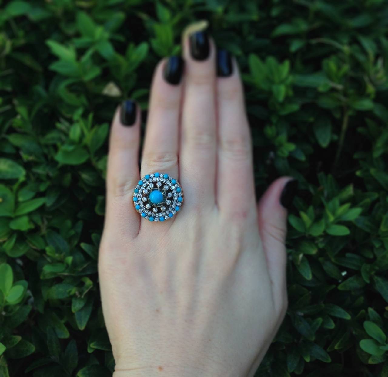 Victorian Turquoise Diamond Gold Cluster Ring For Sale 2