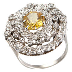 Yellow Sapphire GIA Cert Diamond Platinum Cluster Ring circa 1920