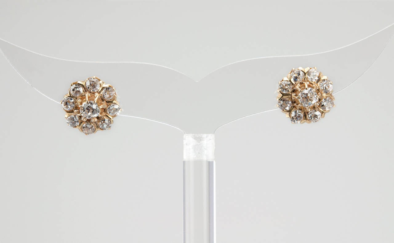 Victorian Diamond Gold Cluster Earrings In Excellent Condition In Los Angeles, CA
