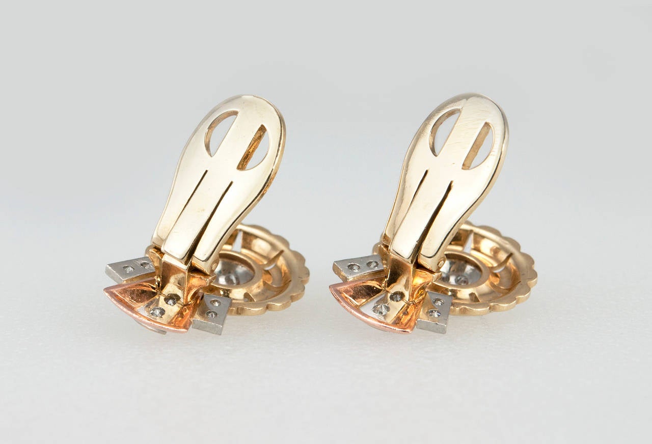 Women's Retro Tri-Colored Diamond Gold Ribbon Earrings