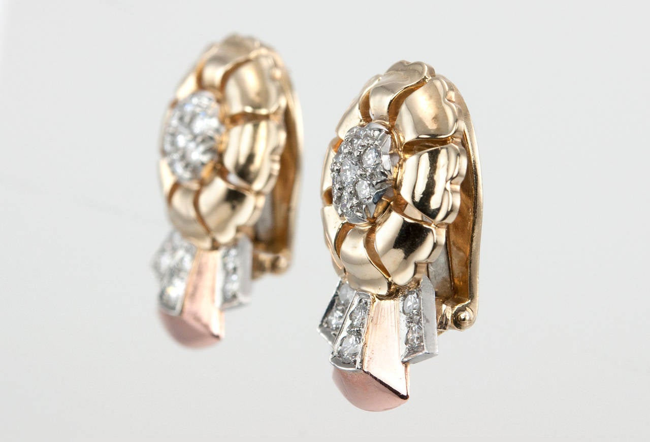 Retro Tri-Colored Diamond Gold Ribbon Earrings 2