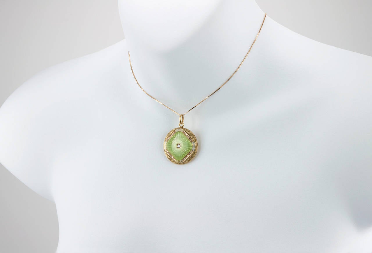 Women's Green Enamel Diamond Gold Locket