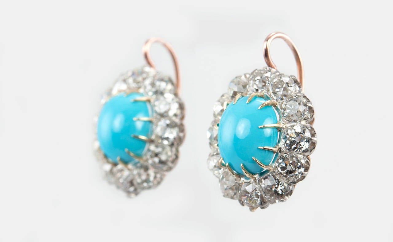 Victorian Diamond Turquoise Cluster Earrings at 1stDibs