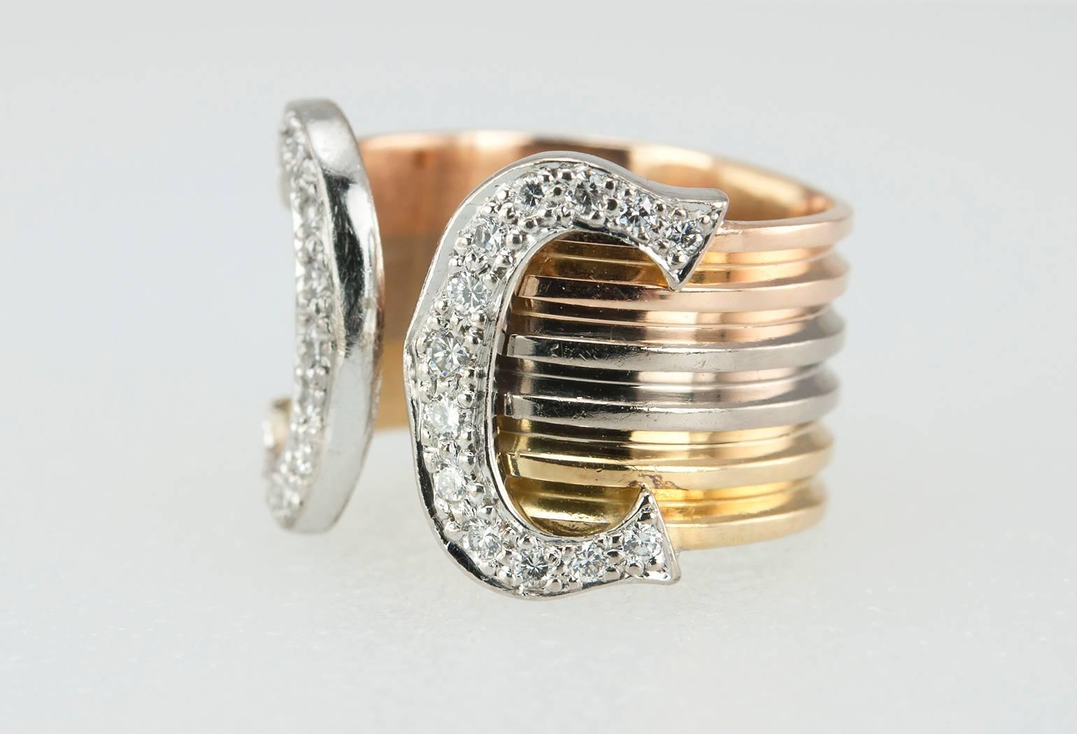 Women's Cartier Diamond Three Color Gold Double C Logo Ring