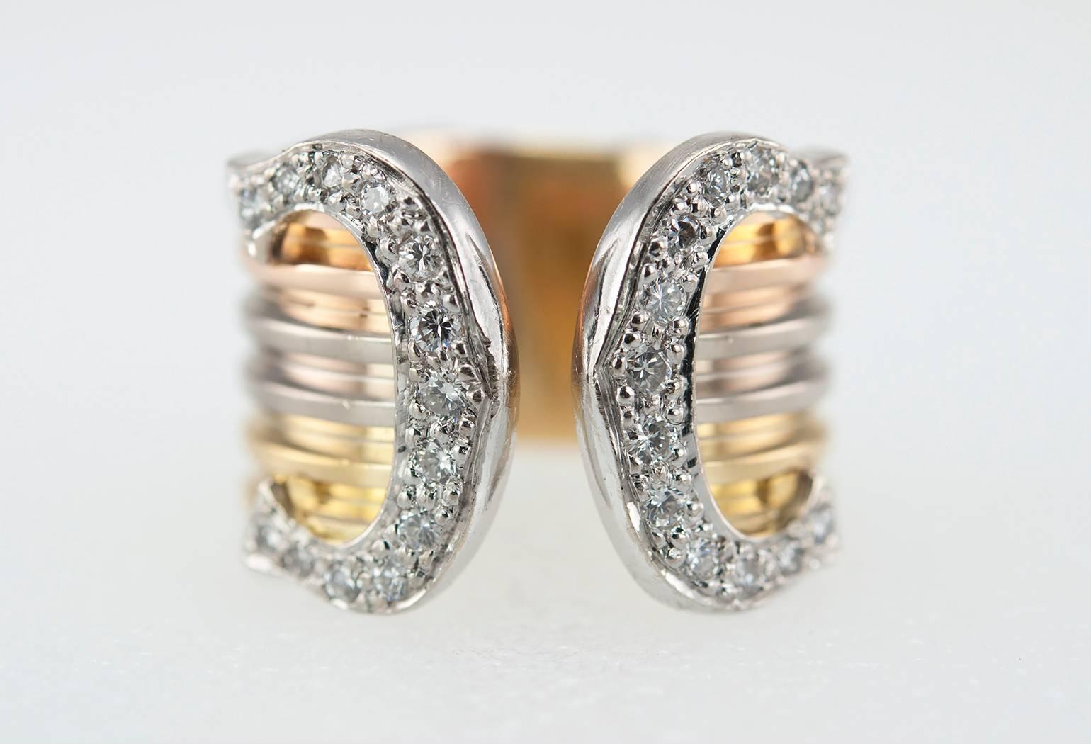 Cartier Diamond Three Color Gold Double C Logo Ring In Good Condition In Los Angeles, CA