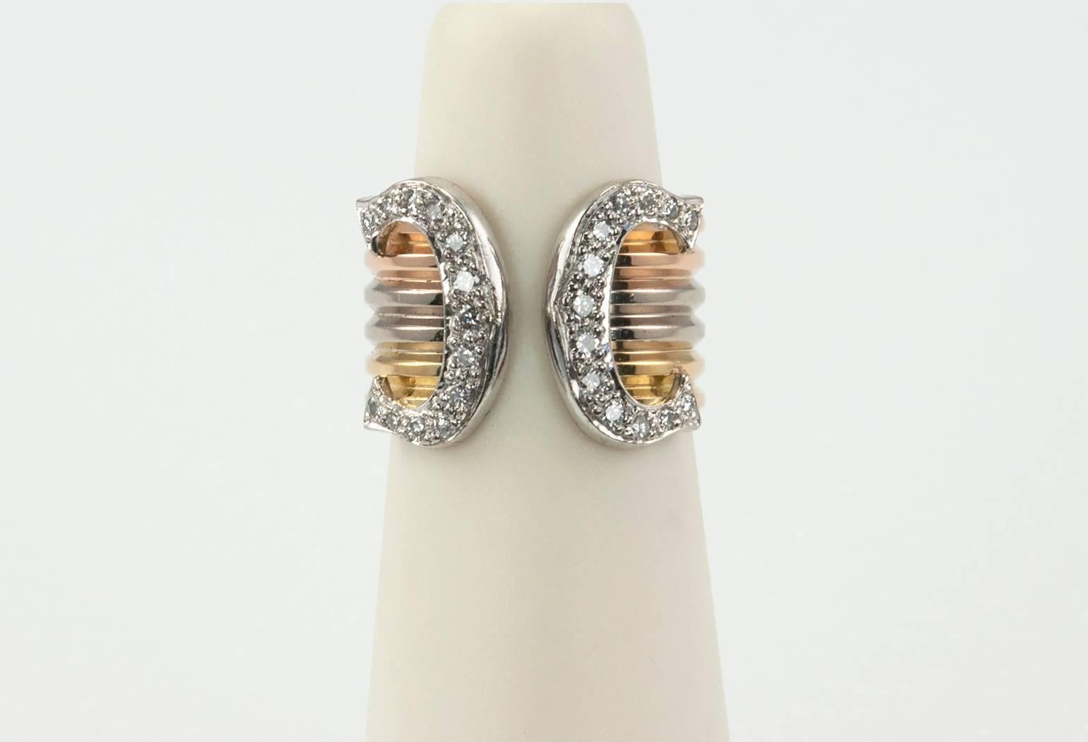 Cartier Diamond Three Color Gold Double C Logo Ring 3