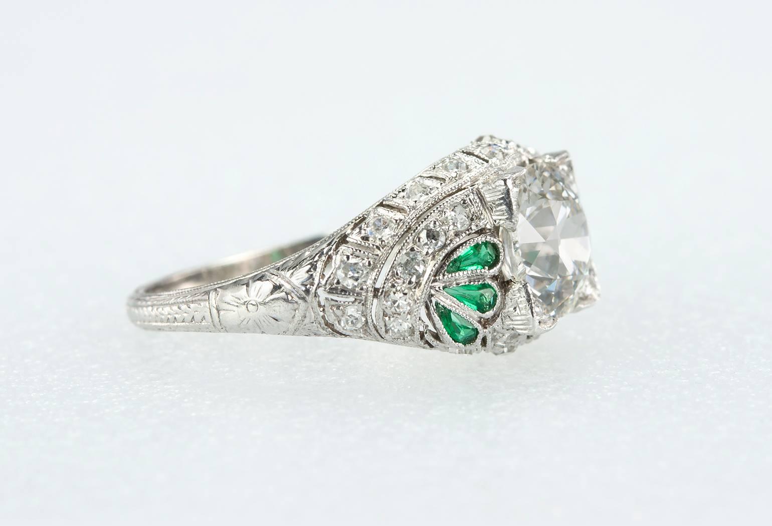1.56 Carat Art Deco Old European Cut Diamond Platinum Engagement Ring For Sale 1