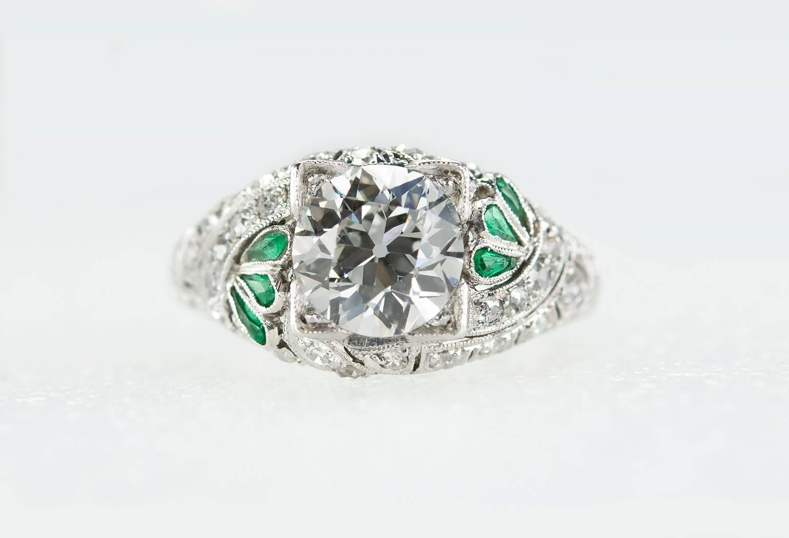 1.56 Carat Art Deco Old European Cut Diamond Platinum Engagement Ring In Excellent Condition For Sale In Los Angeles, CA