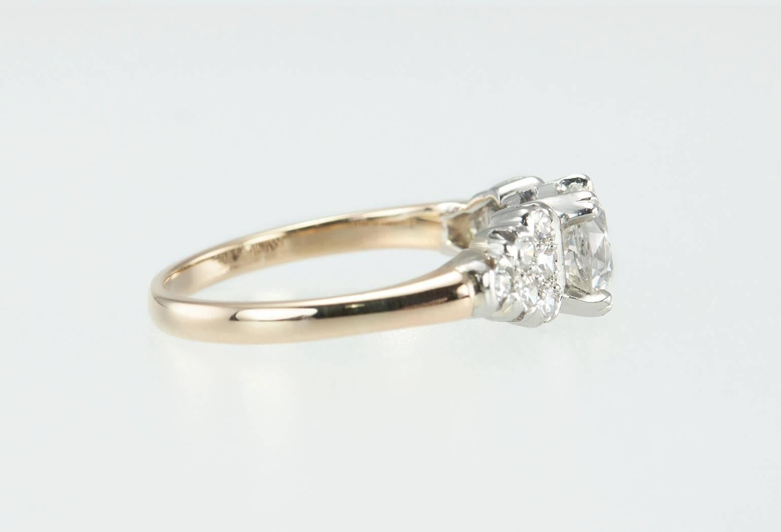 1930s Cushion Cut 0.91 Carat Diamond Gold Engagement Ring 1