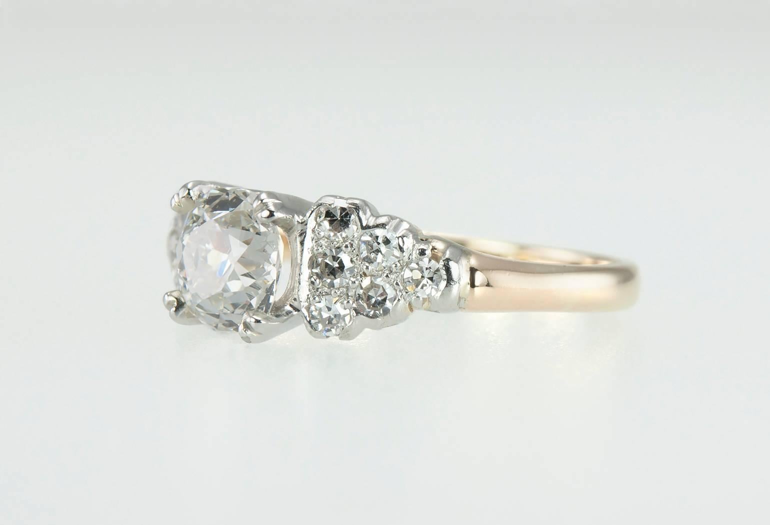 Women's 1930s Cushion Cut 0.91 Carat Diamond Gold Engagement Ring