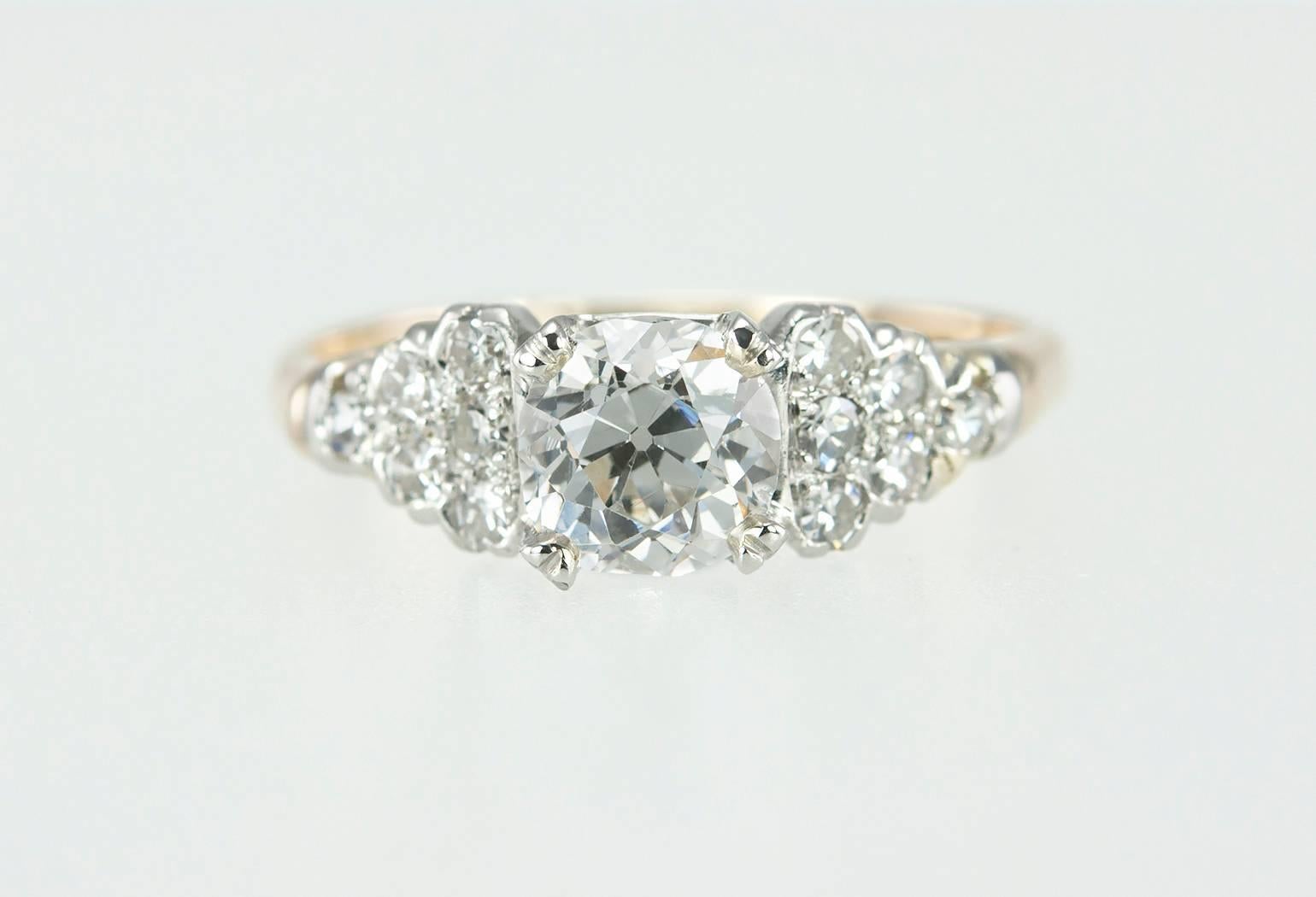 1930s Cushion Cut 0.91 Carat Diamond Gold Engagement Ring In Excellent Condition In Los Angeles, CA