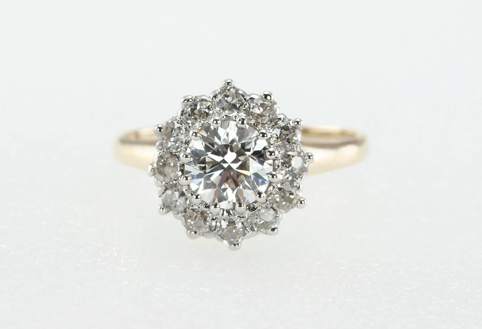 Antique Diamond Gold Platinum Cluster Ring In Excellent Condition In Los Angeles, CA