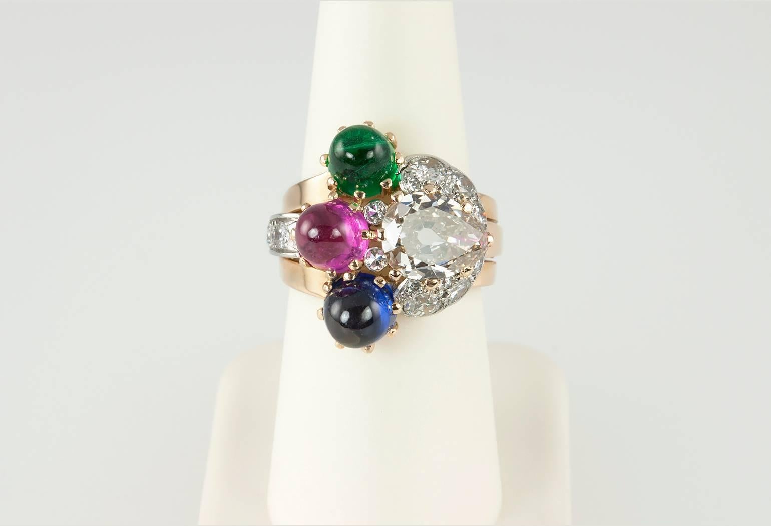 Retro Ruby Emerald Sapphire Diamond Gold Ring  For Sale 1