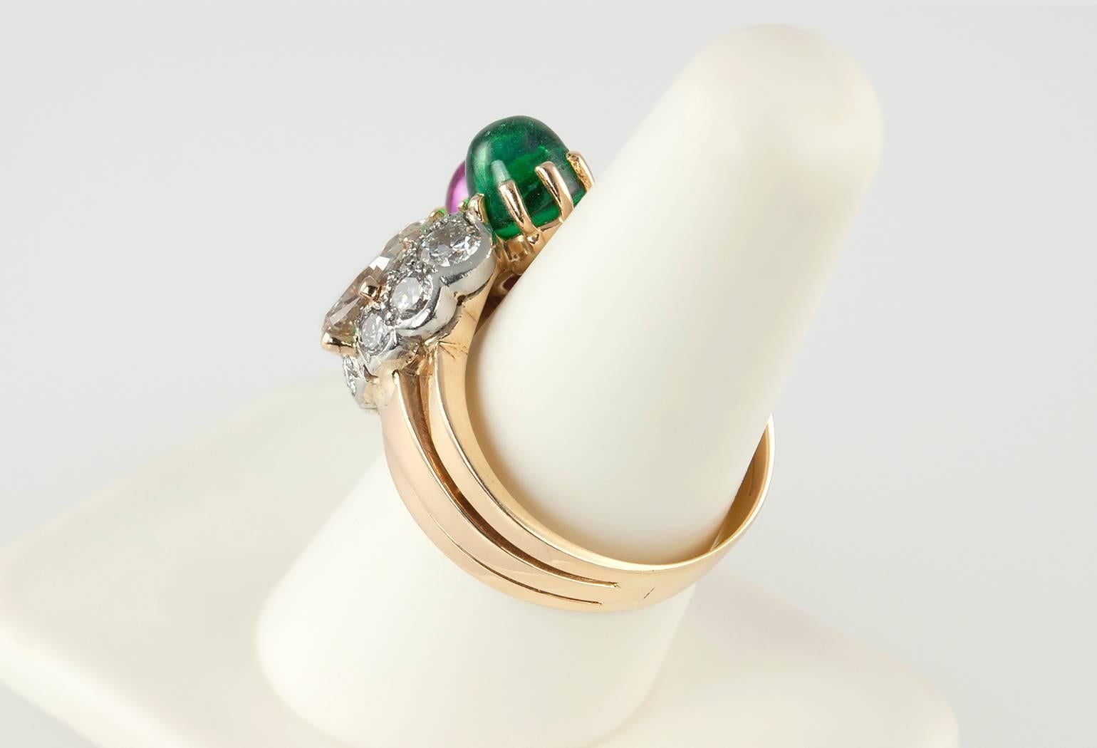 Retro Ruby Emerald Sapphire Diamond Gold Ring  For Sale 3